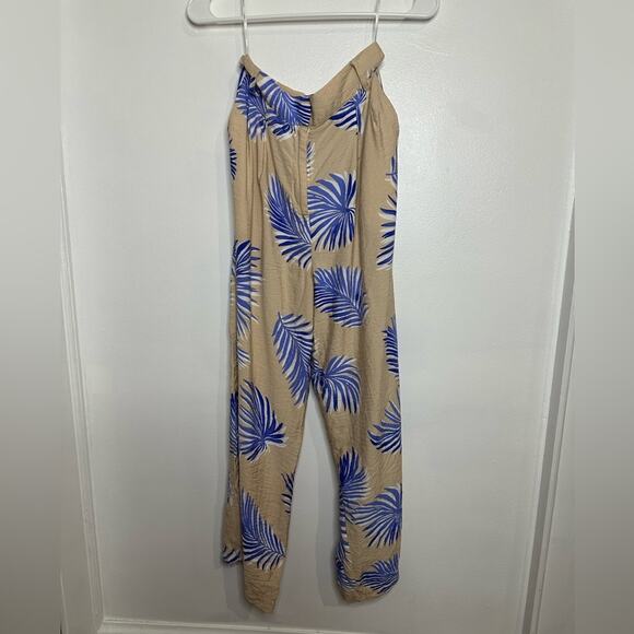 FRNCH Wide Leg Palm Leaf Pants, Crinkle, Taupe and Blue, Boho, High Rise Small - Picture 8 of 9